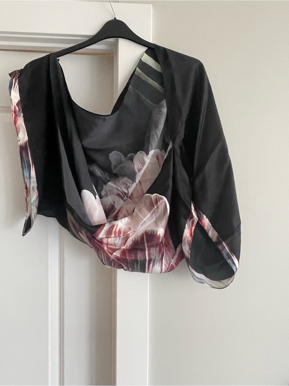 Black Floral Draped Silk Top